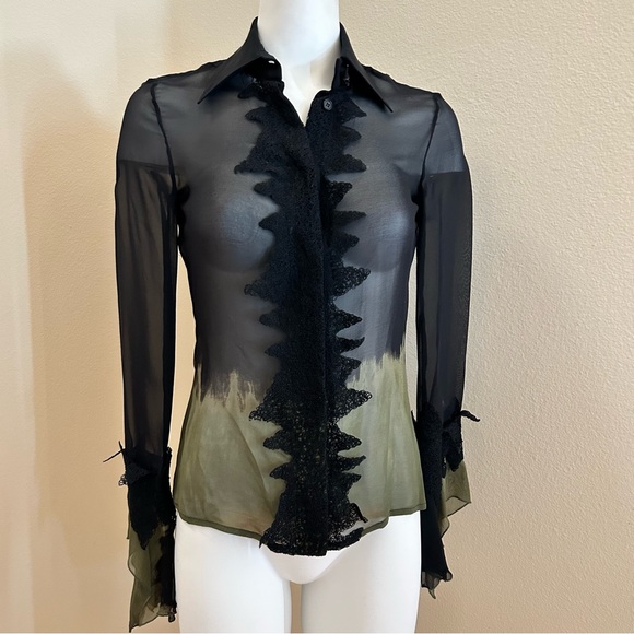 Versace Tops - Versace Silk Blouse Lace X Small to Small Sheer Top Long Sleeves Button Front